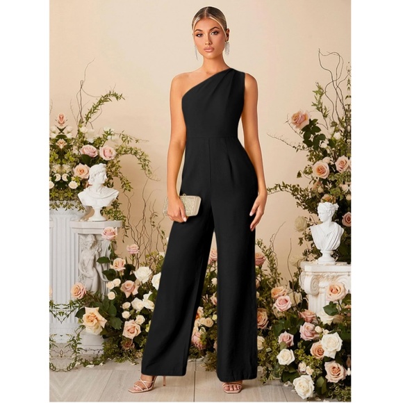 One Shoulder Black Elegant Jumpsuit High Waisted Long Culottes Pants - Picture 6 of 8